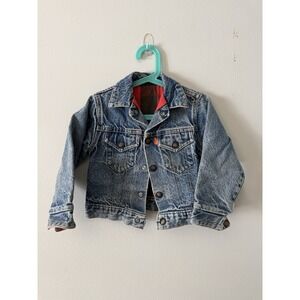 Vintage Little Levis Orange Tab Denim Jean Jacket Buffalo Plaid Lining Sz 6 READ